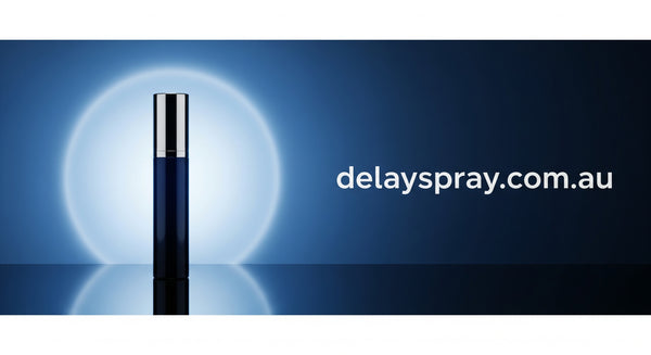 Delayspray product with website URL on a blue background